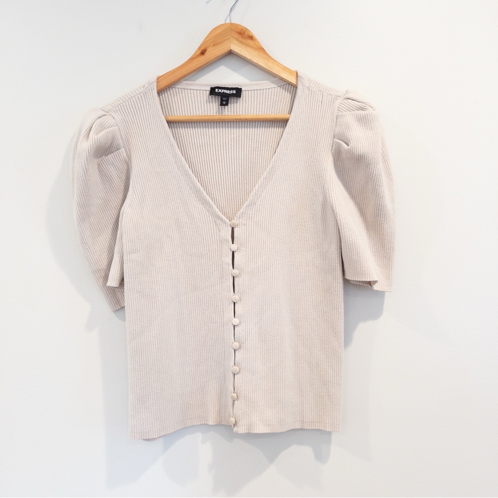 Express Cream Beige Ribbed Puff Sleeve V Neck Button Up Sweater Knit Shirt XL